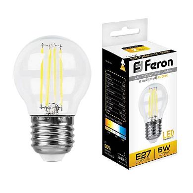 Лампа светодиодная филаментная Feron E27 5W 2700K Шар Прозрачная LB-61 25581